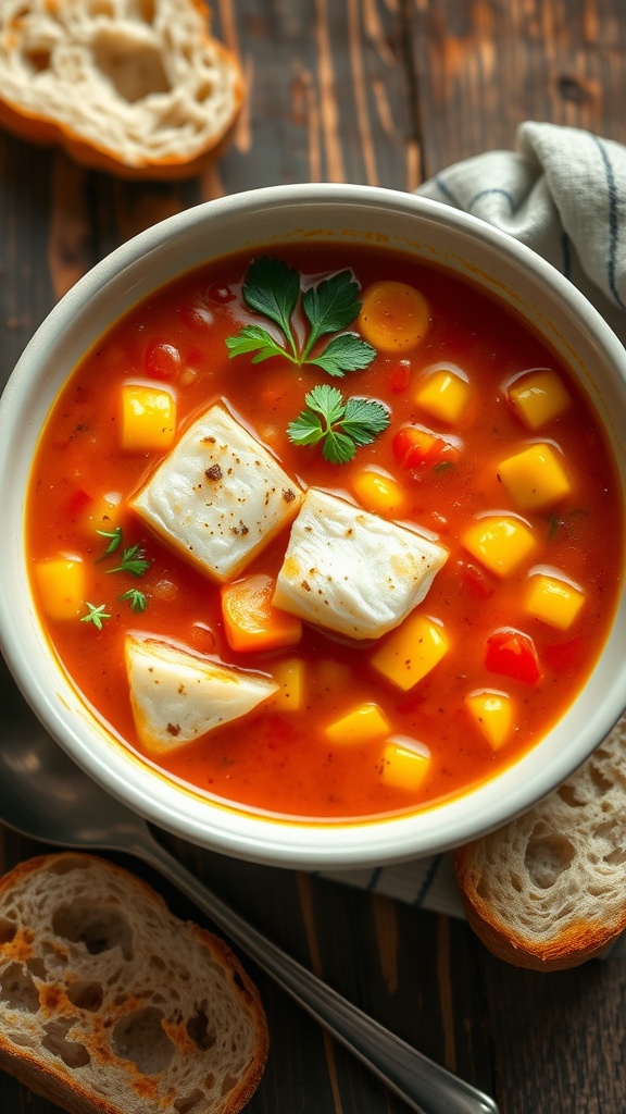 A bowl of Sea Bass and Corn Chowder with chunks of fish and corn in tomato broth, garnished with parsley on a wooden table with bread.